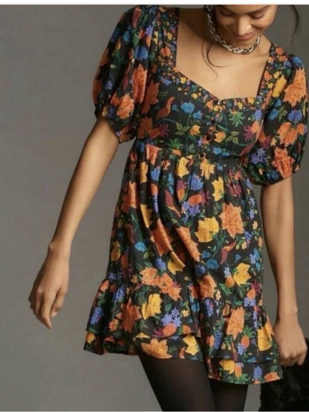 Farm Rio Floral Square-Neck Puff Sleeve Mini Dress - Black/Multicolor large